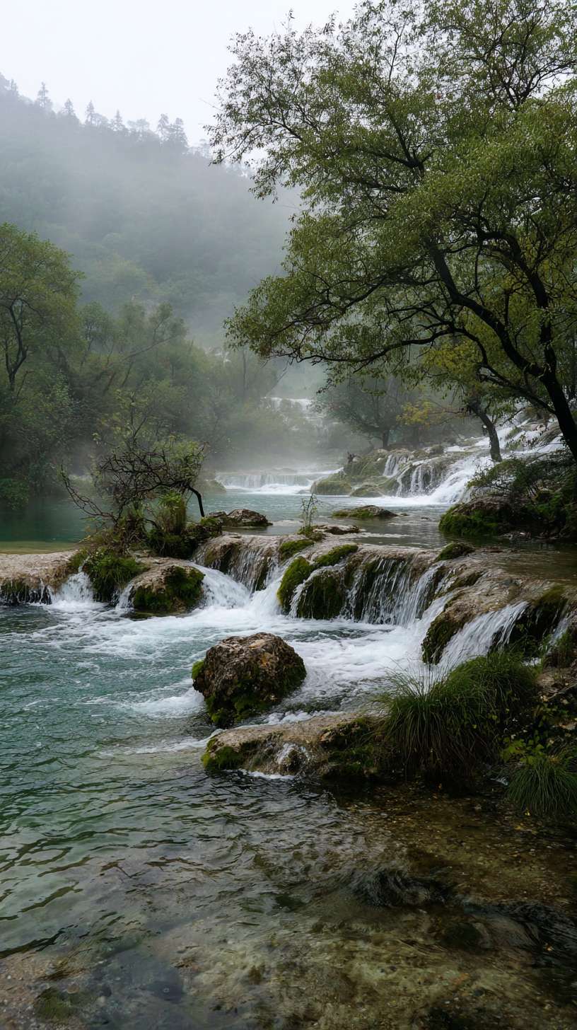 水花溅起。湖水流动荡漾，进入水花，来到尾帧图镜头快速 向前推进。瀑布流动，湖水荡漾。雾随风飘动 --ar 9:16 --v 7 --stylize 100 --fast --no 水印