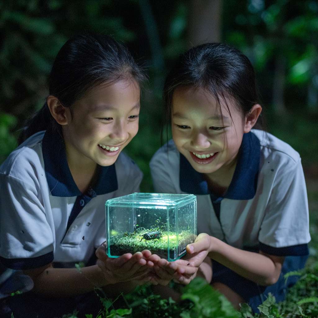 有2位穿著校服的華人小學生開心的表情雙手托起一個螢火蟲的正方體透明小盒子，盒子內的螢火蟲在青苔上發光 --ar 1:1 --v 7 --stylize 100 --fast --no 水印