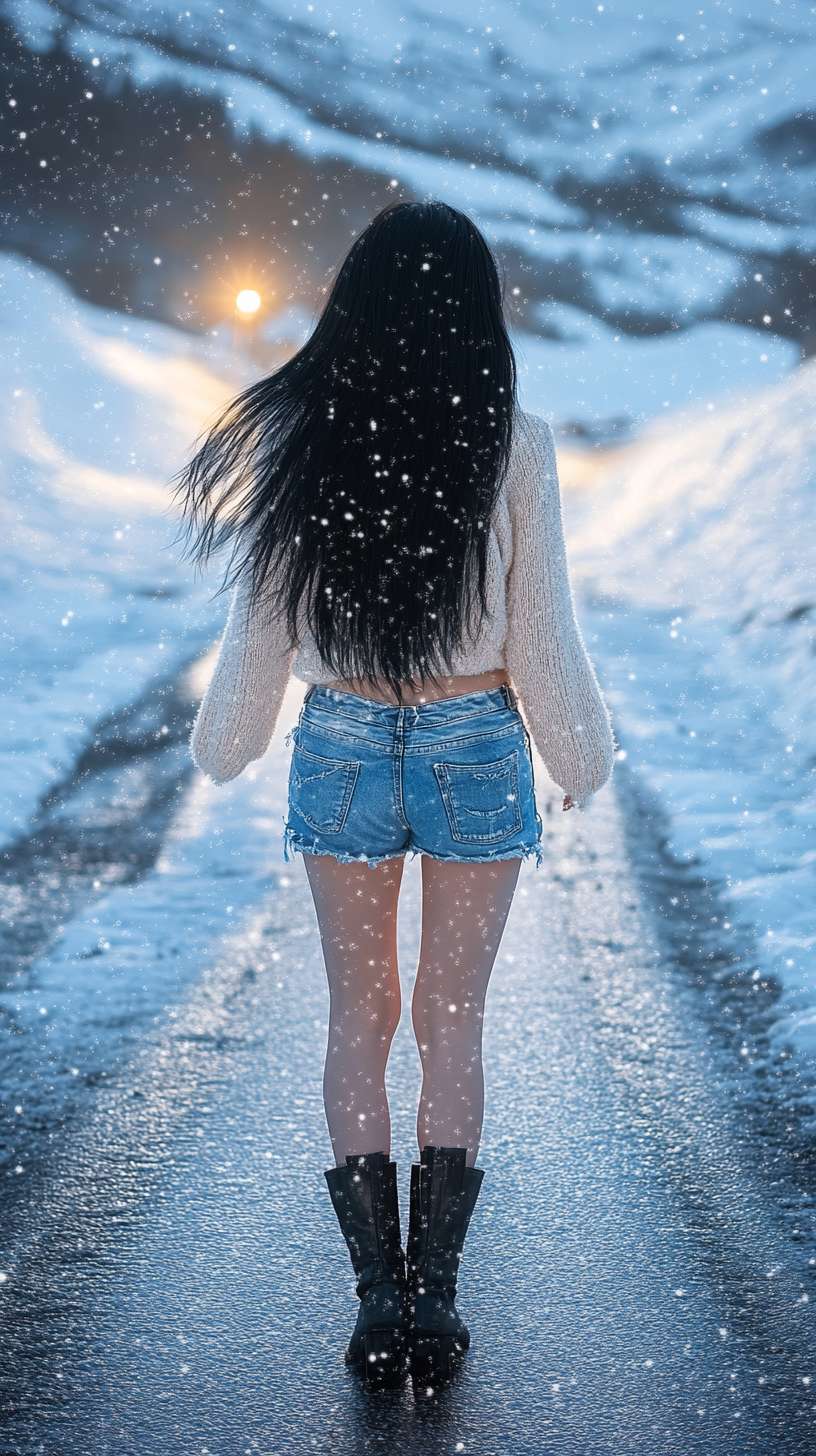 1个女孩，长发，黑发，牛仔短裤，长腿，长靴，冬天，雪，雪地，雪山，光线 --ar 9:16 --v 6.1 --stylize 100 --fast --no 水印,水印,水印,水印