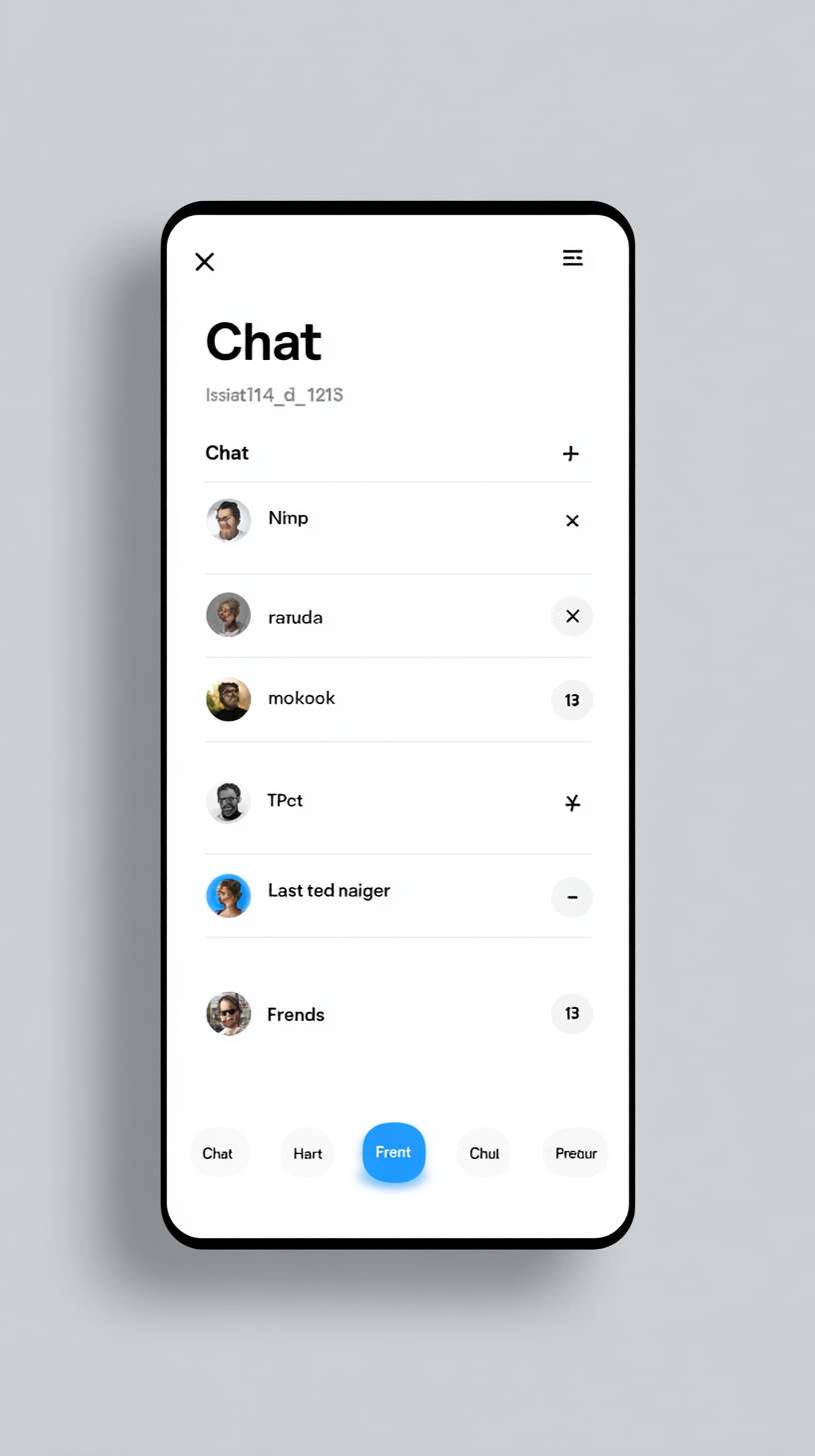 Mobile app chat list homepage, minimalist flat style, white top navigation bar (56px height), left small app icon, center "Chat" title (18px black bold), right "+" button (24px black), middle scrollable chat list (light gray #F5F5F5 background), single chat item (white background, 72px height, left circular avatar (48px), right nickname (16px black) + latest message (14px gray, single-line ellipsis)), bottom tab bar (white background, 3 tabs: Chat (blue active icon), Friends (gray icon), Profile (gray icon)), main color #2196F3, clear hierarchy --ar 9:16 --v 7 --stylize 100 --fast