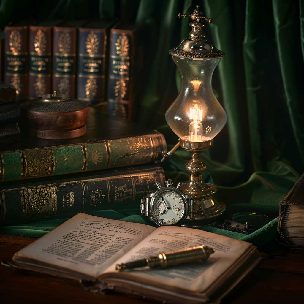 Vintage watch live stream setup, dark wood table with antique books, green velvet background, brass oil lamp warm lighting, steampunk style, 4k detailed product photography--ar 16:9 --ar 1:1 --v 6 --stylize 100 --fast