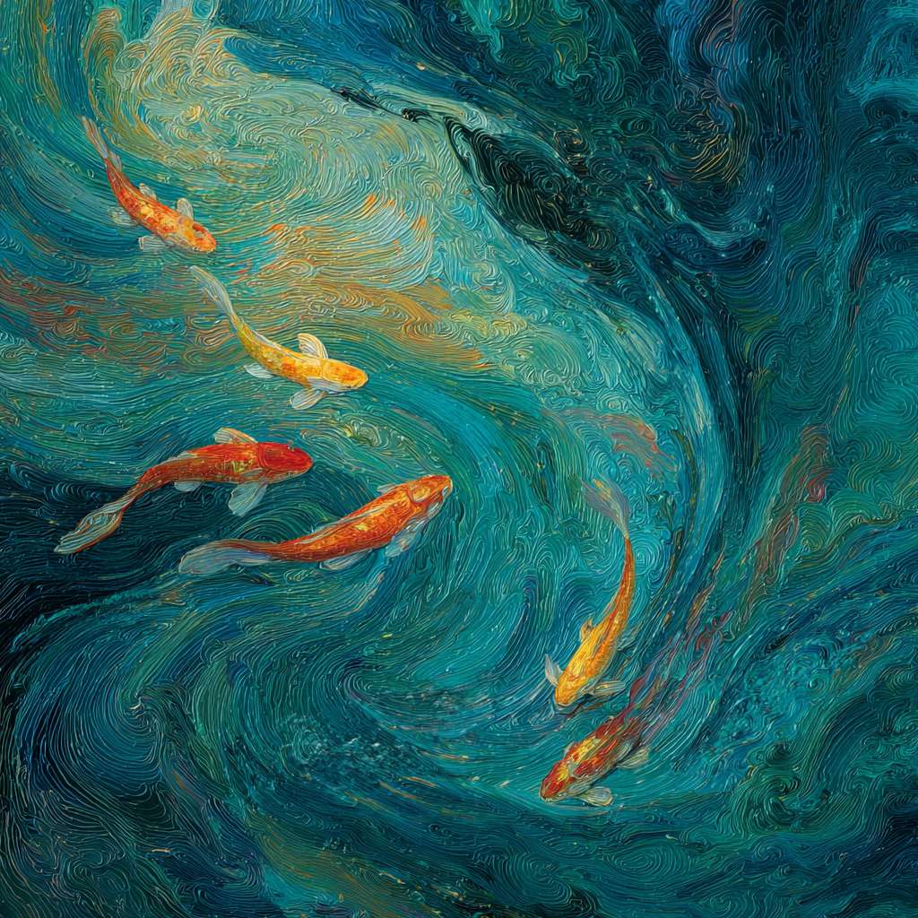 Dynamic blue sea interlaced with 五彩光影，koi gliding through swirling water, brushwork blending abstraction and realism, abstract oil. --ar 1:1 --v 7 --stylize 100 --fast --no 水印