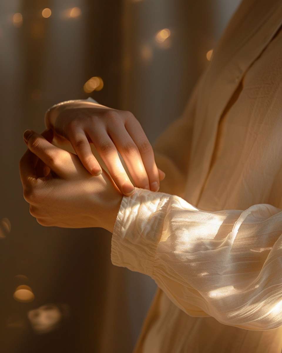 Close-up of hands gently tapping the inner elbow, soft golden light highlighting acupressure points, minimalist Zen style, no text --ar 4:5 --v 6 --stylize 100 --fast