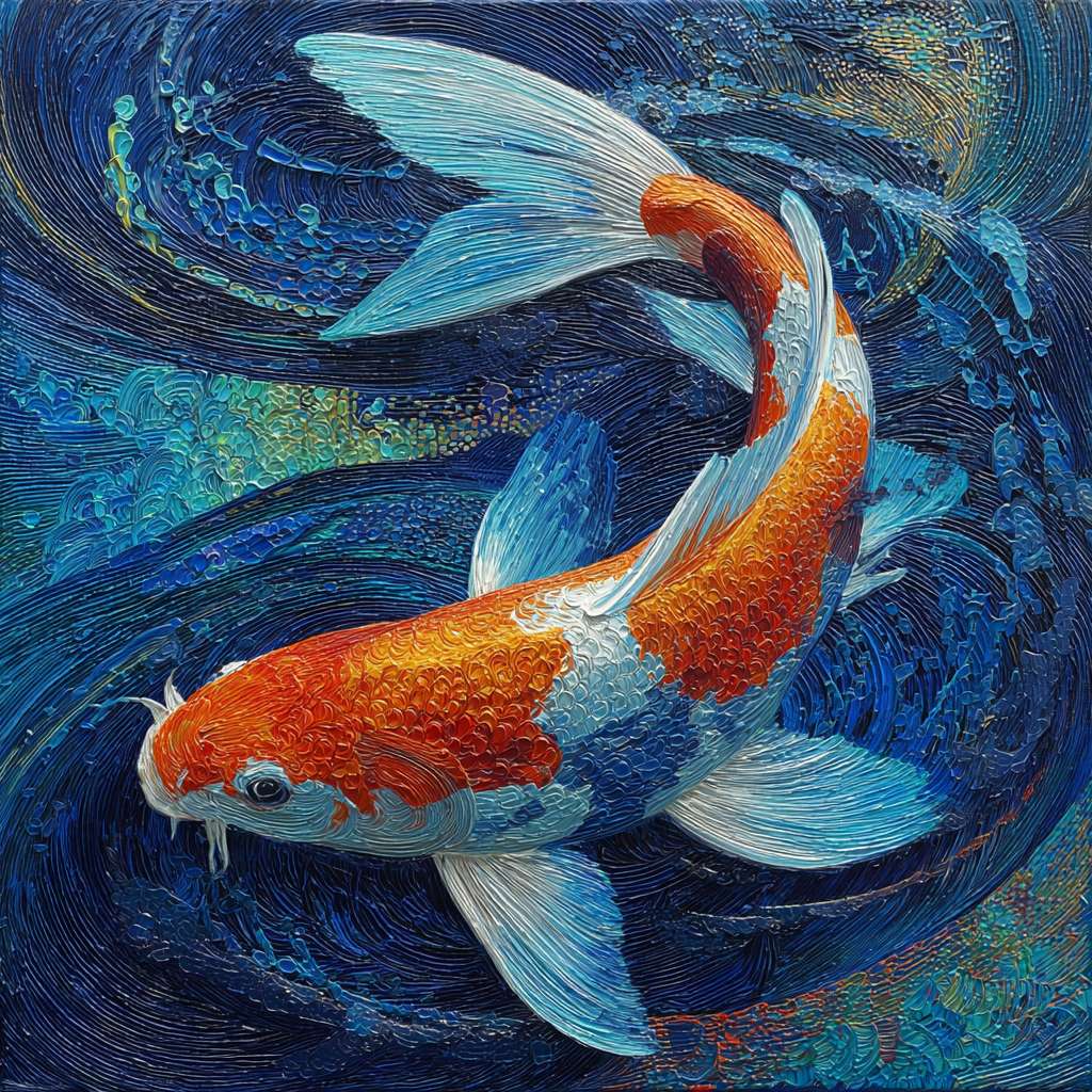 Surreal koi in blue water amid colorful light ripples, thick impasto for waves, thin lines for scales, oil. --ar 1:1 --v 7 --stylize 100 --fast