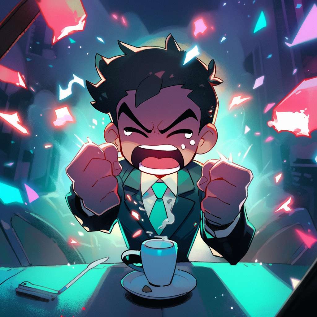 An angry office worker in a gray suit, fists clenched, steam coming out of nostrils, staring at a broken coffee cup on a messy desk, neon lights flickering in the background, dramatic lighting, --ar 1:1 --style cute --stylize 600 --fast --niji 5