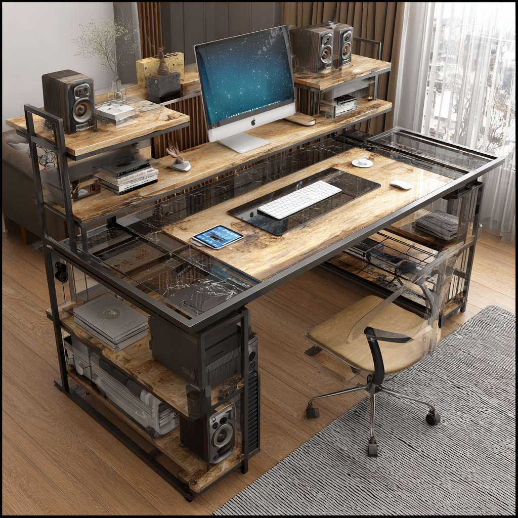 给我一个电脑桌搭的整体图，区域长度180*85。要有椅子。要提现细节，电脑机箱是海景房样式的，要放电脑桌面上。电脑桌要有置物架。置物架第二层要放一个哈曼卡顿音响。桌子上要有水杯，小垃圾桶。纸巾。键盘鼠标。手机，插板上插着手机充电器。还有平板。 --ar 1:1 --v 7 --stylize 100 --fast --no 水印