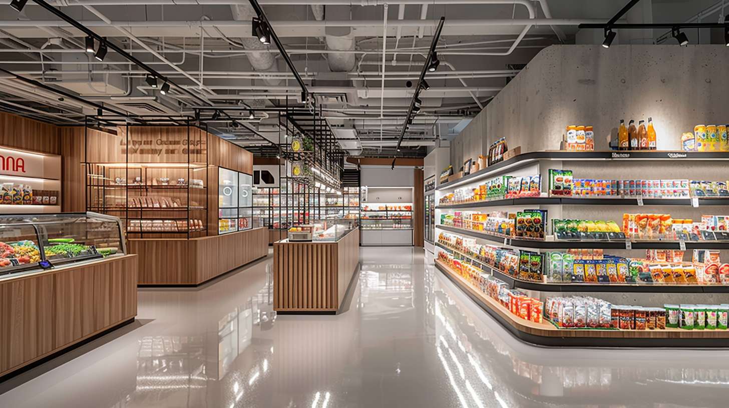 A 315m² minimalist concept convenience store, featuring single-unit product displays like an art gallery. Four lifestyle zones: 1) Breakfast zone with wooden tiered shelves displaying cereal boxes, milk bottles, and fruit bowls under warm lighting 2) Main meal area with modular concrete displays showing bento boxes, pasta packs and canned goods on geometric platforms 3) Leisure snack section with floating acrylic shelves holding chip bags and chocolate bars, backlit with soft LEDs 4) Beverage gallery with glass refrigerated columns showcasing drinks in suspended formation. Central tasting island with sample stations. Polished epoxy floor reflecting ceiling track lights, floor-to-ceiling glass storefront. Scandinavian wood accents, monochrome signage. --ar 16:9 --v 6.0 --style raw --stylize 100 --fast