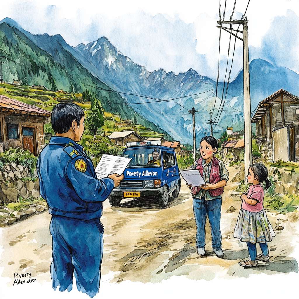 第二幅：扶贫政策到来
场景：同一小山村，但画面中有新的元素。
角色：
一位穿着制服的扶贫干部，手中拿着文件和图纸，正在和农民交谈。
背景中可以看到一些正在修建的基础设施，如新修的水渠、正在搭建的电线杆。
细节：
扶贫干部身后有一辆车，车身上有“摆脱贫困”字样。
农民的表情从愁容转为期待。
小女孩在旁边好奇地看着。
色彩：色调开始出现一些明亮的颜色，如扶贫干部制服的蓝色，电线杆的白色，象征希望的到来。 --ar 1:1 --v 6.1 --stylize 100 --fast