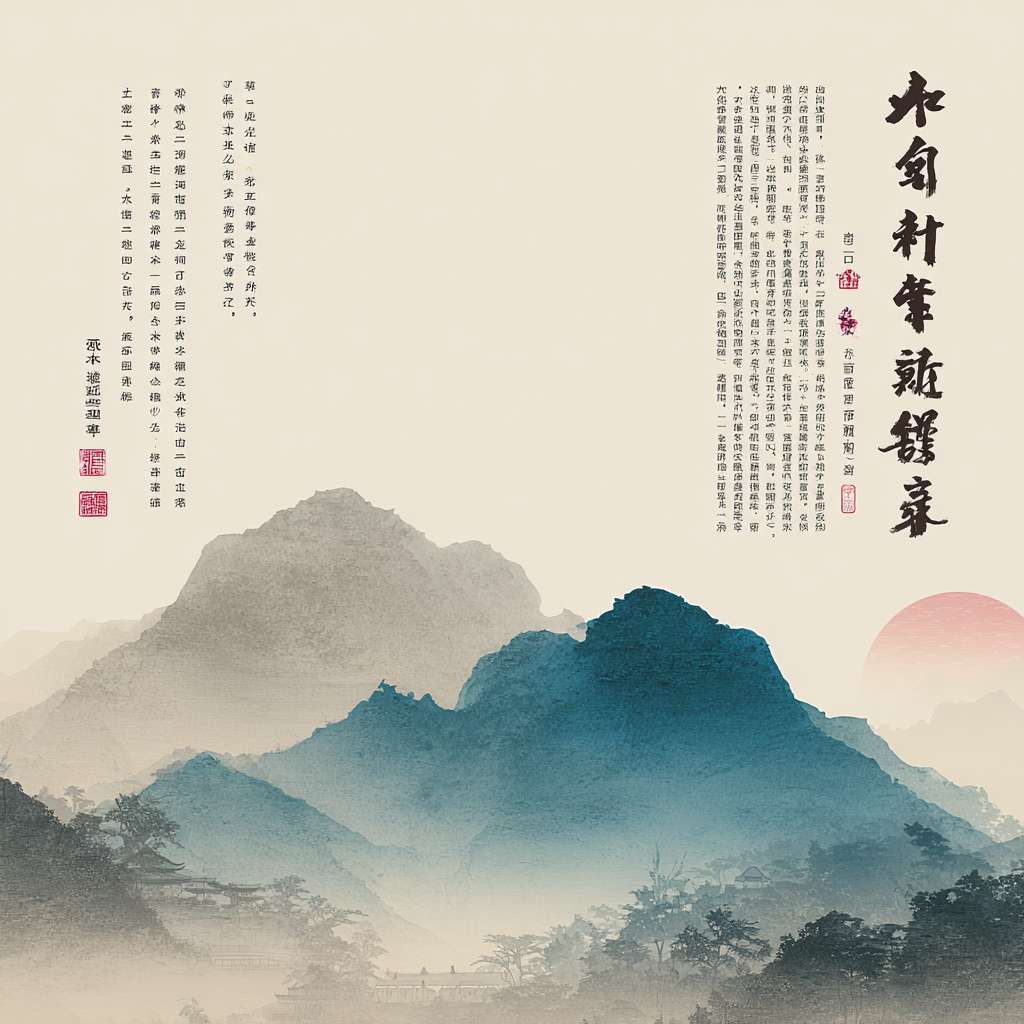 "Landscape orientation, soft ink-wash mountains on left side, right side empty with vertical Chinese text '正念冥想 | 太极养气 | 食疗调理 | 身心归位' in calligraphy, light gray Ba Duan Jin silhouette at bottom, cyan and beige color scheme, Zen aesthetic, 1200x600 pixels" --ar 1:1 --v 7 --stylize 100 --fast --no 水印