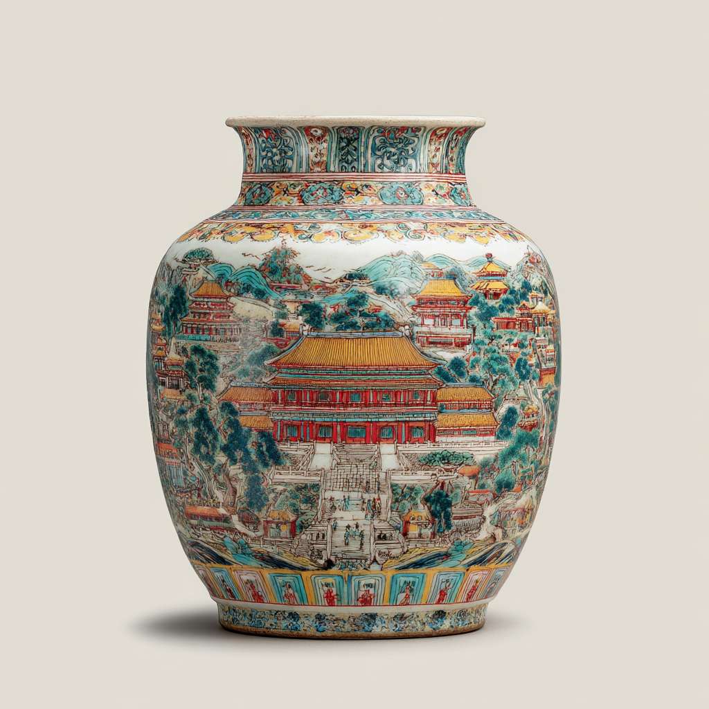 一只古典瓷瓶，外部画的是故宫太和殿 --ar 1:1 --v 7 --stylize 100 --fast --no 水印