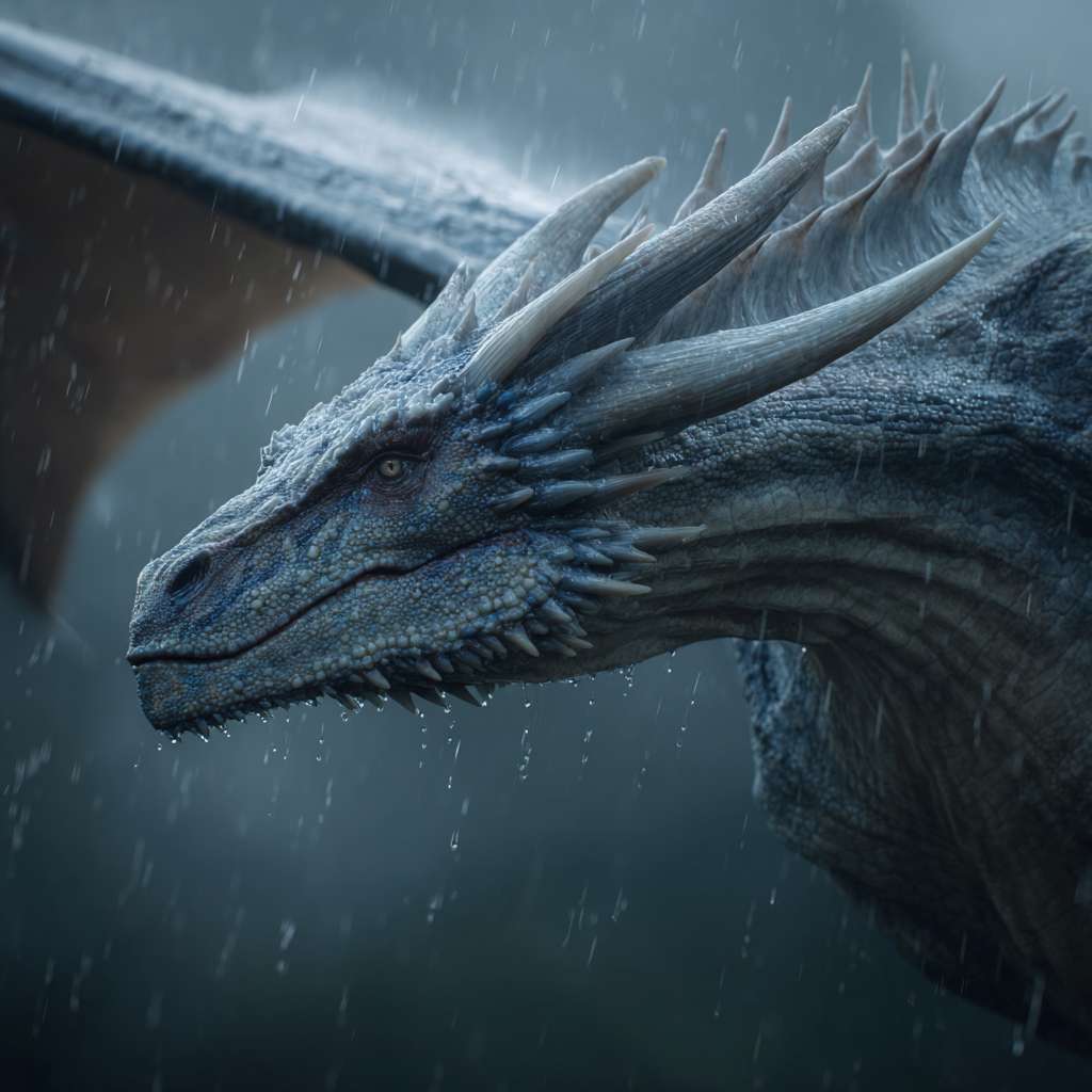超写实 4K ，完整的一只细节丰富的白龙在暴雨中穿行，每一片鳞片都反射着周围的光线与雨水。水珠附着在龙角与翅膀上，龙翼有力扇动，驱散雨滴与云雾。特写镜头展现龙的皮肤纹理与肌肉运动，中景镜头呈现龙在云层间穿梭的完整身姿。真实的雨水物理效果，空中可见雨滴飞溅与涟漪，光线完全遵循闪电与阴天的自然规律。 --ar 1:1 --v 7 --stylize 100 --fast --no 水印