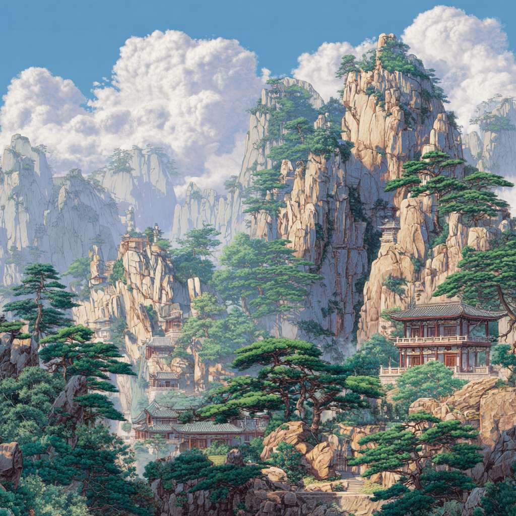 金庸武侠世界中，笑傲江湖的华山派场景 --ar 1:1 --v 7 --stylize 100 --fast --no 水印