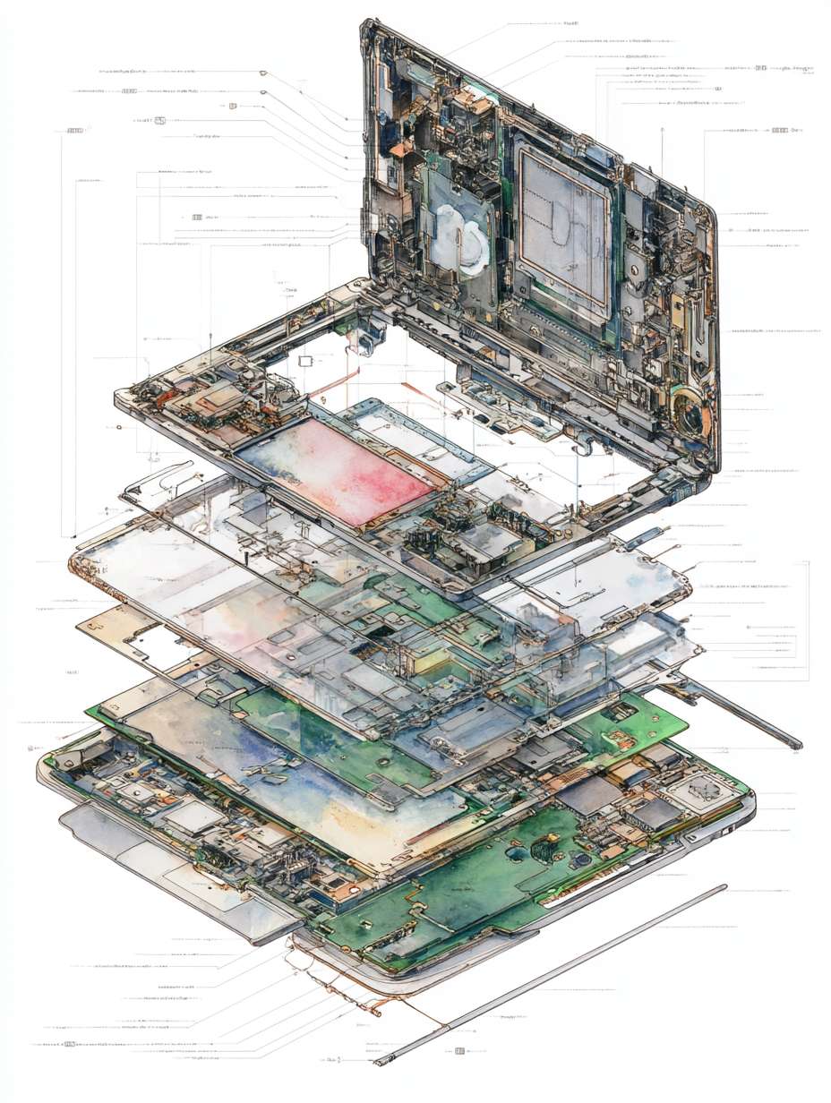 Ultra-detailed technical cutaway blueprint illustration of a high-performance laptop, dynamic wide-angle low-shot perspective. Main subject: a disassembled flagship ultrabook (ThinkPad X1 Carbon or MacBook Pro style), rendered in a realistic hand-drawn watercolor and technical ink style, isolated on a clean white background. The composition is an architectural exploded-view, with every component meticulously separated and floating in place, connected by precise thin leader lines.
Key Components in Detail:
Unibody Chassis: CNC-machined from aerospace-grade magnesium alloy, rendered in deep space gray with watercolor texture, showing nano-molded antenna lines.
Display Assembly: Multi-layer explosion: Corning Gorilla Glass DX cover, Mini-LED backlight layer with local dimming zones (zoomed detail), quantum dot enhancement film, 14.5-inch OLED panel with precise RGB diamond pixel arrangement, and ultra-thin metal backplate.
Main Logic Board: 8-layer high-density PCB in forest green with intricate circuit traces.
CPU: Flagship processor (Intel Core Ultra 9 / Apple M3 Max) with liquid metal thermal interface material.
GPU: Dedicated GPU chip (NVIDIA RTX 5000).
Power & Connectivity:
Multi-cell Li-Polymer Battery: Showing its long, multi-cell layout, labeled "<80Wh", highlighted in energy green.
Thunderbolt 4 / USB4 Ports: Showing the dense 24-pin internal connectors.
Composition & Style: Framed by a technical blueprint border with component callouts, material notes (e.g., Aluminium 6061, FR-4), and tolerances. Clean directional arrows and leader lines point to each component. Top-right corner features a hand-drawn color palette swatch: Deep Space Gray, PCB Green, Cooling Copper, Energy Green, Hydraulic Red, Silicon White. --ar 3:4 --v 7 --quality 2 --stylize 100 --fast --no blur,cartoon,abstract,messy