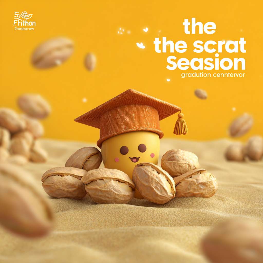 我需要设计一个KV主题，是一个幼儿园毕业典礼的海报，主题是“The fifth season graduation ceremony"。画面的主角是一个金色的种子（豆子）带着毕业帽，金色的种子是卡通形象有眼睛鼻子嘴（儿童卡通）。我需要一个非常完整的画面，要丰富的周围背景。 --ar 1:1 --v 7 --stylize 100 --fast --no 水印