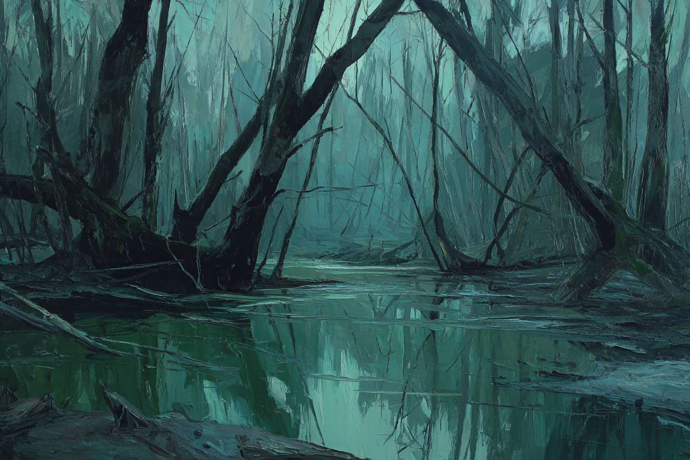 Mysterious forest pool in cool grays and deep greens, with loose, energetic strokes for trees; still water mirrors skeletal branches and dim sky, abstract 神秘氛围.
Eerie woodland pool: 墨绿 tree trunks in chaotic lines, slate-blue water reflecting fragmented canopy; faint light creates ghostly reflections, abstract oil with desolate texture.
Surreal 幽潭 scene: dark green and gray-blue hues, rough brushwork defining ancient, twisted trees; water surface like fractured mirror, abstract and enigmatic, oil. --ar 3:2 --v 7 --stylize 100 --fast --no 水印