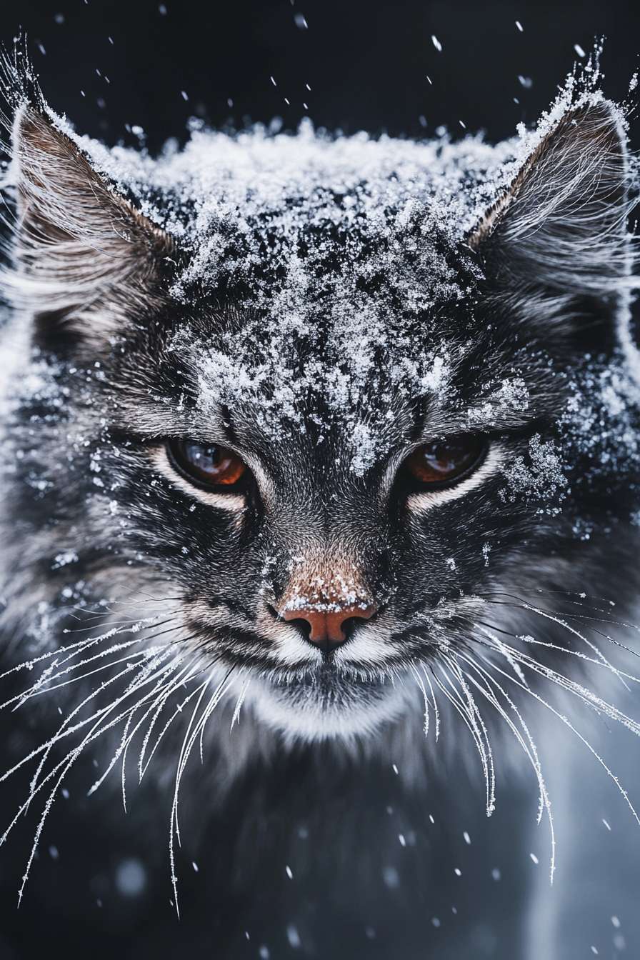 Studio-quality portrait of a rare Jianzhou cat in a snowstorm, close-up shot, symmetrical face, fluffy fur with ice crystals, ethereal winter glow, Fujifilm GFX 100S, 110mm f/2 lens, f/1.4 aperture, Hasselblad natural color grading, National Geographic style, award-winning photography, ultra-realistic, intricate details, frosty breath visible. --ar 2:3 --v 6.1 --stylize 100 --fast