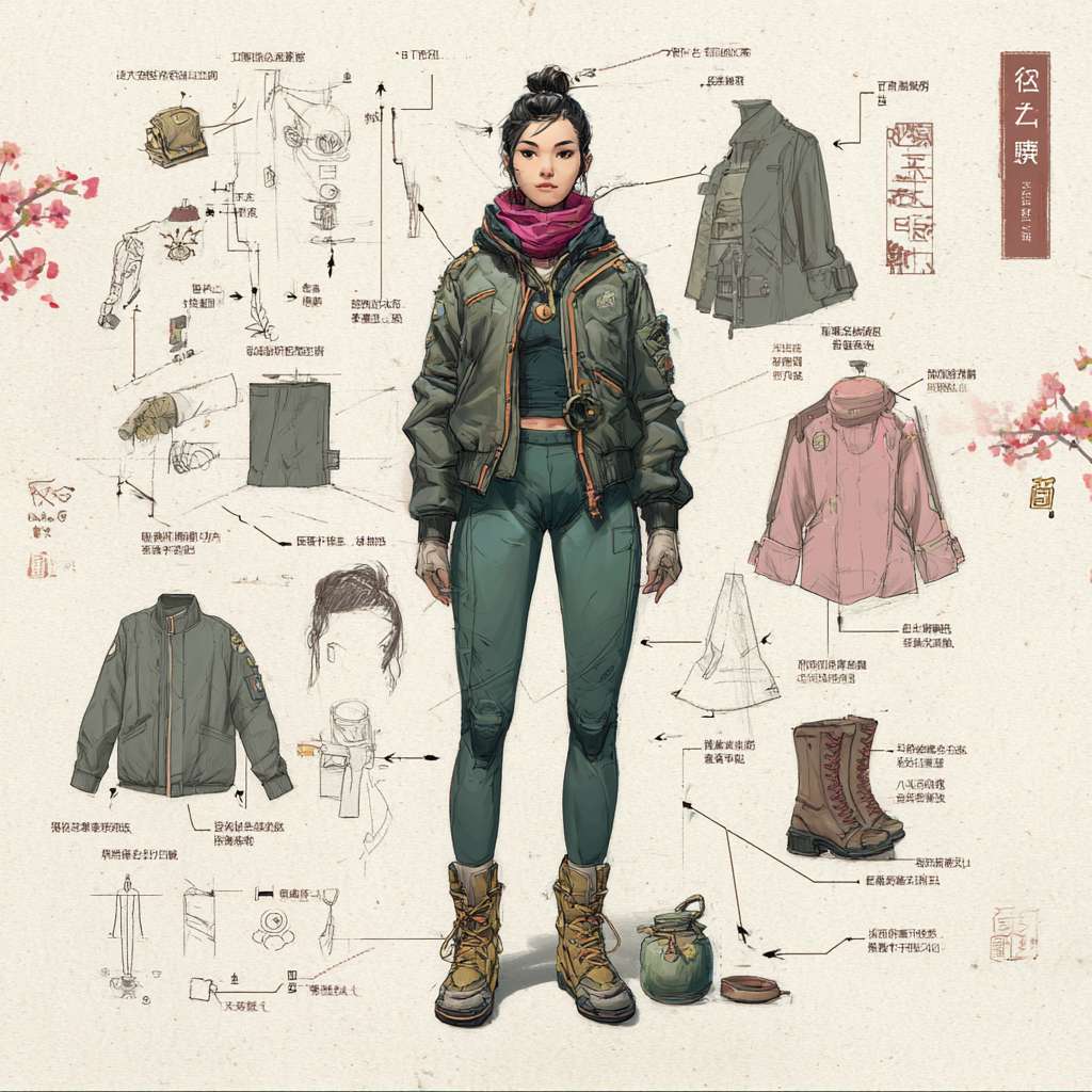 #角色设定
你是游戏动漫概念美术大师，擅长角色设定图，能精细拆解穿着层次、表情及物品细节。

#任务目标
根据守望先锋dva角色的主体形象，生成“角色概念分解图”，包含中心全身立绘，四周展示服装分层、表情、核心道具、材质特写及私人物品。

#视觉规范

· 构图：中心为角色全身立绘，环绕布置拆解元素，用引导线关联对应部位。
· 拆解内容：
  · 服装分层：展示外套、内层及内衣设计。
  · 表情集：绘出平静、微笑、惊讶、愤怒四种表情特写。
  · 材质特写：放大1-2个关键部位或小物件质感。
  · 关联物品：呈现角色生活化随身物品。
· 风格：干净2D插画/草图风，浅白纹理背景。拆解元素旁加手写注释，说明材质或品牌暗示。

#执行逻辑

1. 分析角色核心特征、穿着与性格。
2. 提取主要服装、表情等一级元素。
3. 深化内衣风格等二级元素。
4. 生成组合图，保持透视、光影与注释统一。
5. 使用简体中文标注。 --ar 1:1 --v 7 --stylize 100 --fast --no 水印