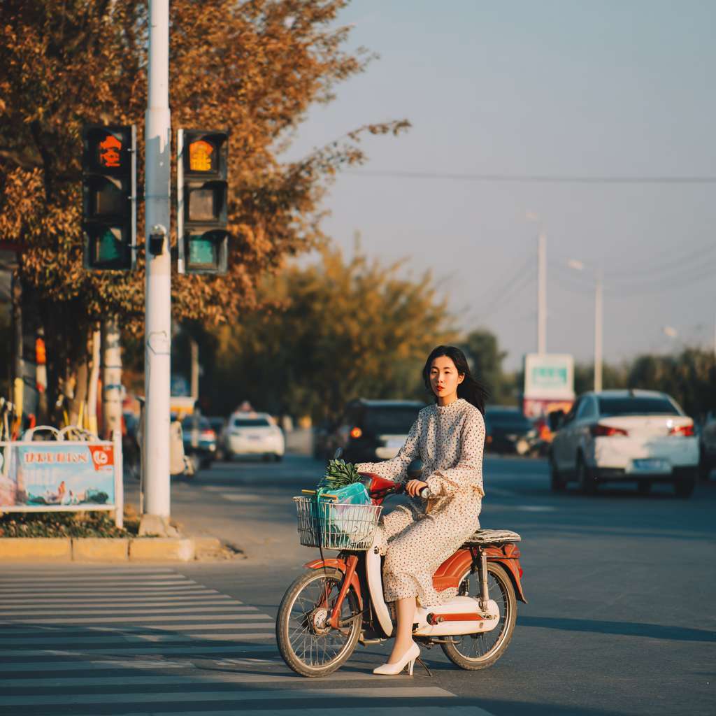 市普通的红绿灯十字路口，正在等绿灯，路口人很少，只有斜对面路口几个少年，有男孩有女孩，对面路口还有辆白色的车，看不起里面司机，到路两旁绿化树挺高叶子挺密，金秋十月，一位骑着电动车一只脚在踏板上，一只脚在地上，停车等绿灯，身穿连衣开叉中短裙，薄薄的肉色丝长袜，紧身庄重得体，脚穿白色高跟高跟鞋的 33 岁的女士，电动车前筐放着刚买的蔬菜，，一只手扶着把，一只手准备做摘头盔的动作，面朝拍摄角度微笑从脚和腿的低角度视角看到全部场景，女性全身入镜，不是局部，全景图能看到周边的绿化和店面，远处的路口和车辆 --ar 1:1 --v 7 --stylize 100 --fast --no 水印