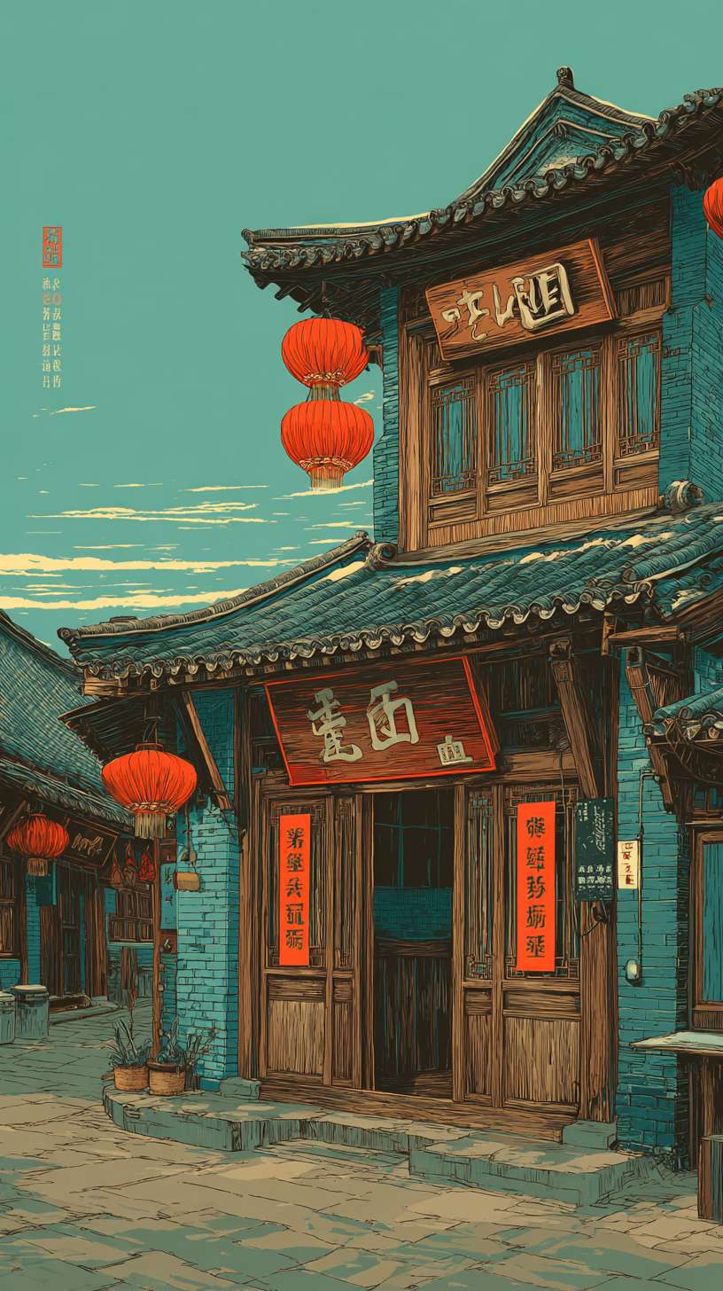 客栈-水墨风
构图:竖版近景,主体为两层木质客栈(临街门面),右侧屋檐延伸至画面外核心元素:- 客栈:斗拱结构(细墨线条)、木质门板(淡墨纹理)- 装饰:红色灯笼(3-4 个,挂于屋檐下)、酒旗(“XX 客栈” 毛笔字)- 地面:青石板路(淡墨横线条)
主色调:黄褐色(R160-180, G140-160, B110-130)辅助色:- 灯笼:朱红色(R180-200, G60-80, B60-80,饱和度≤60%)- 酒旗:米黄色(R190-200, G170-180, B140-150)统一适配:黄褐色明度与新手村灰蓝色保持一致,避免过暖刺眼
1. 客栈木质纹理笔触与武馆木人桩纹理一致2. 灯笼轮廓线条粗细与兵器架兵器线条一致3. 屋檐斗拱结构比例与新手村茅屋屋檐比例统一 --ar 9:16 --v 7 --stylize 100 --fast --no 水印