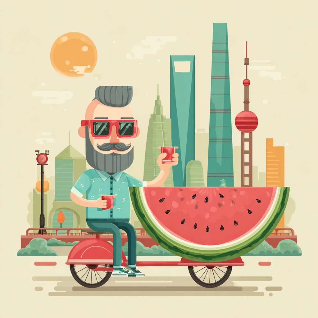 图片风格【赛博朋克】，比例【9:16】。一张充满卡通趣味的形象。主体是一半西瓜和人身结合体，要看出五官，身着亮蓝色衬衣，脚蹬三轮车。背景是国贸大厦、人流、设施。唐僧在背景里举着麦克站着京广桥上。 --ar 1:1 --v 7 --stylize 100 --fast --no 水印