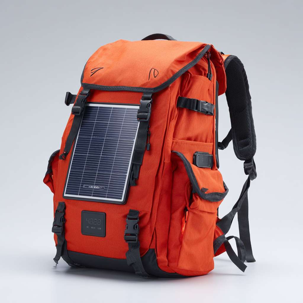 柔性太阳能板，柔软，太阳能板面积更大，与背包为”⾦属卡扣 + 磁吸双重固定“，太阳能板附带小屏幕显示电量，外有多个充电插口，应急灯，不要文字 --ar 1:1 --v 7 --stylize 100 --fast --no 水印