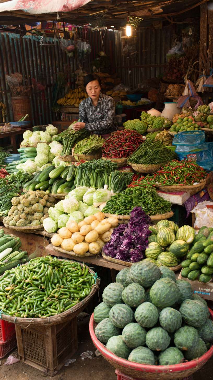 云南菜市场摆放着各种新鲜的蔬菜瓜果琳琅满目 --ar 9:16 --v 7 --stylize 100 --fast --no 水印