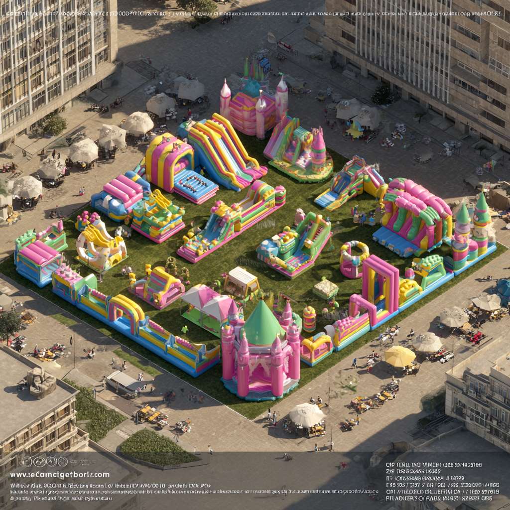 “Realistic 3D rendering of a large colorful inflatable playground, aerial view, vibrant color palette with pink, yellow, green, blue. Multi - themed play structures like slides, climbing areas, castle shapes. Set on outdoor grassy ground, surrounded by buildings, with small human figures and leisure areas (umbrellas, tables) for scale. Family - friendly, high detail, bright daylight” --ar 1:1 --v 7 --stylize 100 --fast