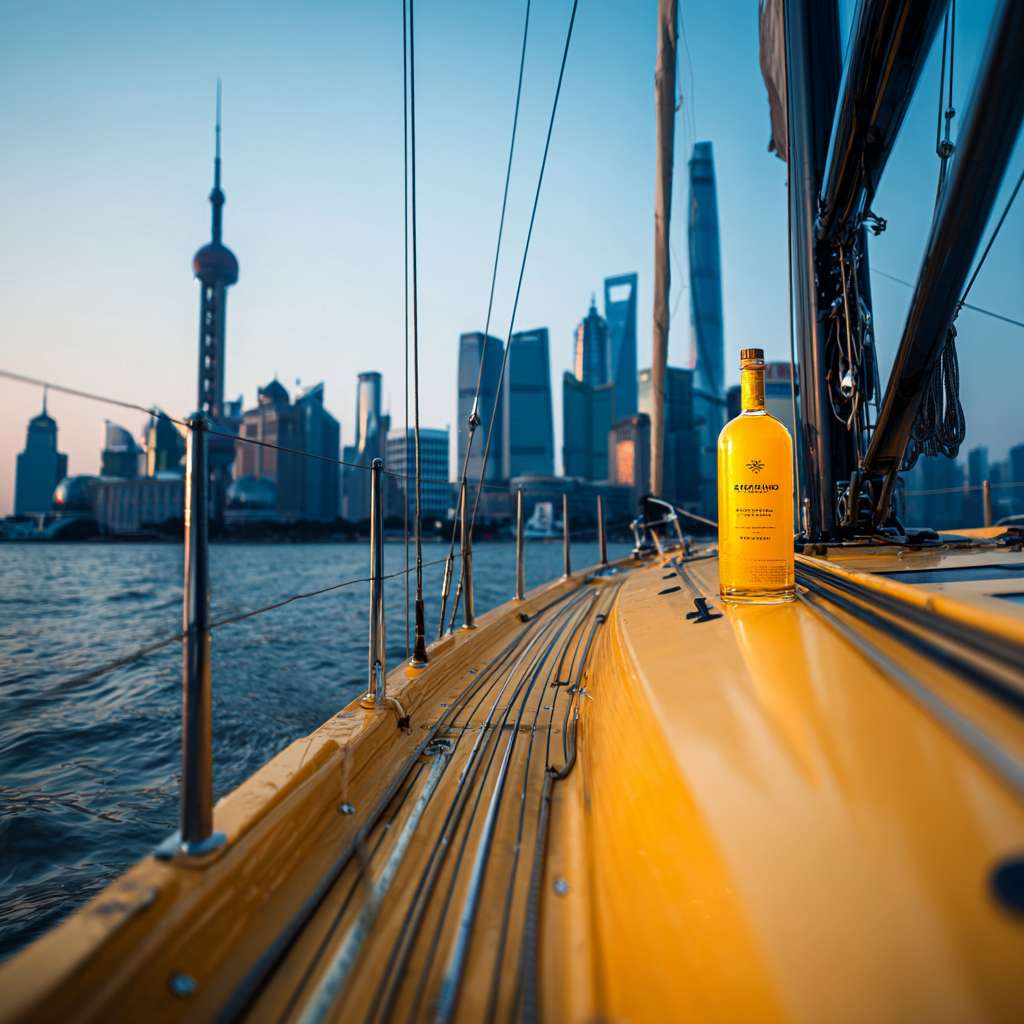 第三人称视角，精致的小型游艇在深蓝色黄浦江面上航行，游艇具有流线型设计、白色船体、小型甲板，巨大的黄色瓶子稳稳地放置在游艇的甲板上，瓶子底部与游艇甲板表面紧密接触，游艇的栏杆和甲板结构清晰可见，背景是东方明珠塔和陆家嘴CBD建筑群，整体暖色调 --ar 1:1 --v 7 --stylize 100 --fast --no 水印