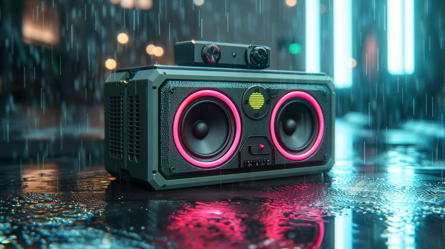 Cyberpunk-style Bluetooth projector speaker, neon pink and cyan sound waves pulsing in the air, futuristic HUD interface, dark rainy city background --ar 16:9 --v 6 --c 30 --stylize 100 --fast