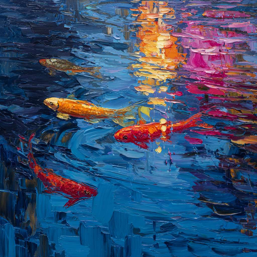 Surreal blue aquarium with colorful light ripples, koi fish shimmering in red and gold, bold brushstrokes for texture and movement, abstract. --ar 1:1 --v 7 --stylize 100 --fast