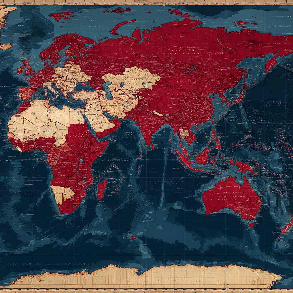 一幅专业地缘政治地图，维多利亚时期地图集风格，1948年。新明帝国领土用深红色标出：包括马来半岛、苏门答腊、爪哇、婆罗洲、苏拉威西及整个印度尼西亚群岛、澳大利亚、新西兰。其托管领土用浅红色标出：包括巴布亚新几内亚、所罗门群岛、瓦努阿图、斐济、萨摩亚。马六甲海峡和巽他海峡被突出显示。边界清晰，与蓝色海洋形成鲜明对比。（尽量不出现其他国家，浅色显示除此之外的地区） --ar 1:1 --v 7 --stylize 100 --fast --no 水印