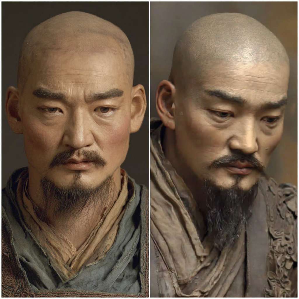 生成曹操全像，东方人的面孔，散装的眉毛,突起的上鼻梁和稍微有点倾斜的额头；身高1米65； --ar 1:1 --v 7 --stylize 100 --fast --no 水印