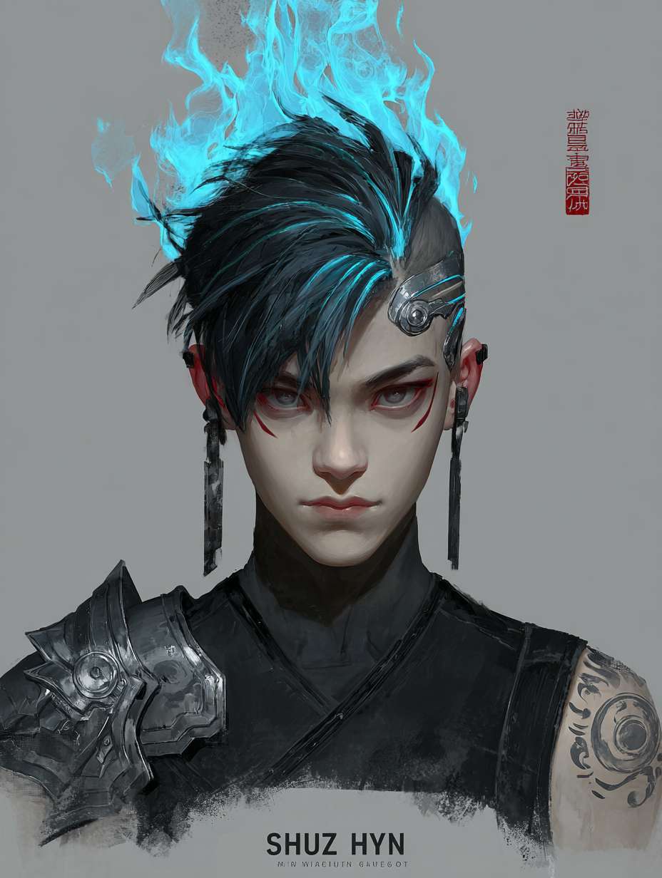 绘制一个男生的正面全身图要求如下头部设计：保留哪吒标志性的 “火焰感” 发型，黑色短发中挑染三缕明亮的蓝色火焰发丝，额前发丝微微上翘，模拟火焰飘动形态。左侧太阳穴处有一道银色机械接口，平时隐藏在发丝下，战斗时会弹出蓝色能量纹路，延伸至下颌。面部妆容简洁，仅在眼尾处用红色颜料绘制细小火焰图腾，眼神锐利，瞳孔在情绪激动时会泛出淡蓝色微光。
    上身设计：内搭黑色紧身速干衣，衣料上印有暗纹火焰图案。外覆银色分段式机械战甲，肩部装甲呈三角形，边缘有锯齿状设计（兼具防御与近战功能），装甲表面刻有红色古代符文（对应哪吒的 “混天绫” 元素。胸口是圆形能量核心，外层包裹透明合金罩，内部蓝色火焰状能量随呼吸起伏，核心下方印有 “云祥” 二字。双臂为可变形机械臂，，战斗时展开为银色机械结构，手掌心有凹槽，可凝聚火焰能量。
    下身设计：穿着黑色工装裤，裤腿侧边有拉链口袋，膝盖处装有黑色防撞护膝，护膝表面有蓝色电路纹路。腰部系着宽版黑色皮带，左侧挂着父亲遗留的摩托钥匙（金属材质，钥匙链是小型火焰吊坠），右侧挂着战术匕首（刀柄缠绕红色皮质绳，模拟混天绫质感）。脚部为黑色高帮机械战靴，靴底有防滑纹路，鞋跟处装有小型推进装置，靴筒外侧印有蓝色火焰标识。 --ar 3:4 --v 7 --stylize 100 --fast --no 水印