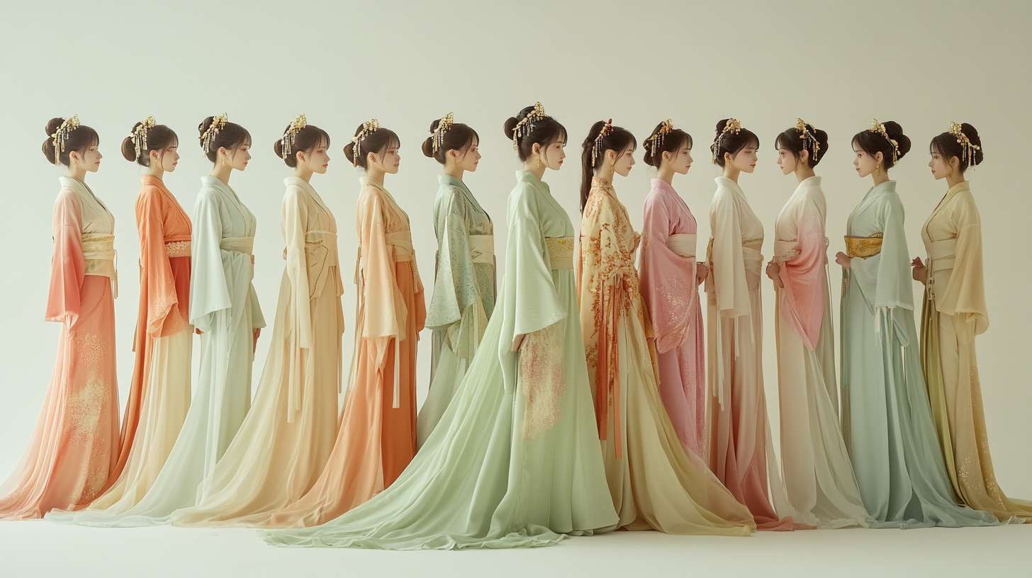 汉服，汉服图片，一张图片上有多套服装，一字排开，色彩淡雅，有模特，正对镜头 --ar 16:9 --v 6.1 --stylize 100 --fast