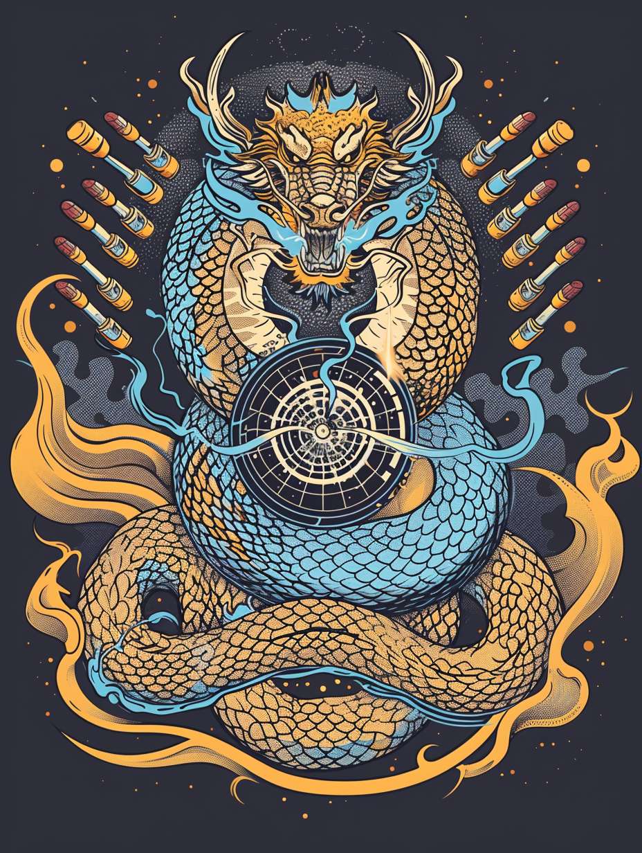 `prompt
Full back T-shirt print, Thai snake king coiled around a shooting target, Chinese dragon breathing fire through IPSC paper poppers, dynamic bullet tracers in blue, tactical line art, screen printing friendly limited palette, 300dpi print ready --ar 3:4 --v 6 --stylize 100 --fast