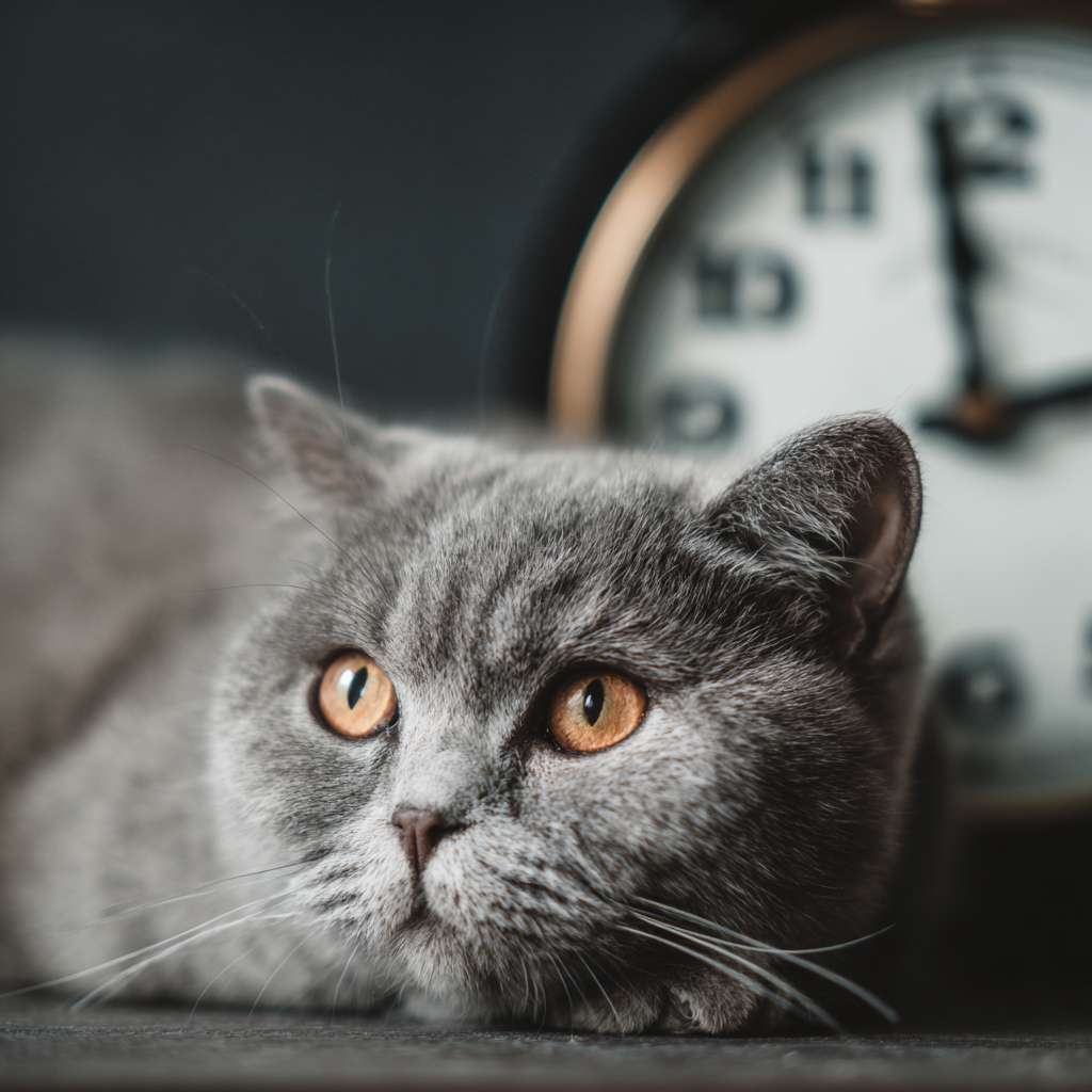 一只布偶猫，眼神呆滞地望着墙上的时钟，时钟指向5点，照片级真实感，4k，细节生动，滑稽可爱 --ar 1:1 --v 7 --stylize 100 --fast --no 水印