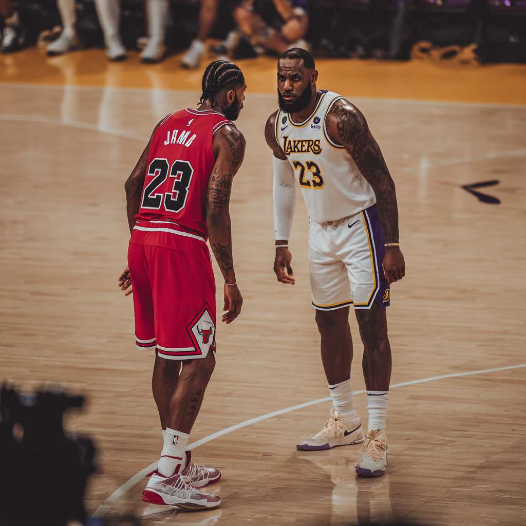 科比踩着詹姆斯在湖人主场 --ar 1:1 --v 7 --stylize 100 --fast --no 水印