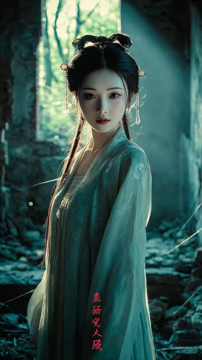 https://img-xpc-mj0.xpccdn.com/prod/upload/5de26248-1c5f-4448-beb2-7f326a142ff5/1.webp~tplv-5yakomv5zn-auto-v1%3A1024%3A0%3Aq75.jpg 中景，破败古寺内部，蛛网密布，残破的佛像表情诡异，月光从破窗照入，一个身穿飘逸青衣的古风绝美女子，面容苍白柔美，眼神哀怨，从阴影中走出，电影灯光，微恐怖氛围，工笔画细节，正面镜头。 --ar 9:16 --v 7 --stylize 100 --fast --iw 1 --no 水印