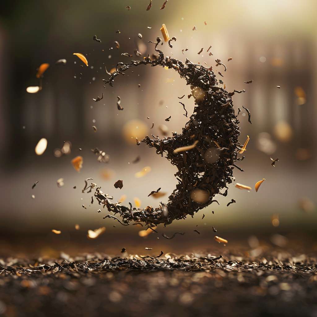Floating tea leaves in mid-air forming yin-yang symbol, 
selective focus with bokeh light spots, 
no text, surreal photography --ar 1:1 --v 6 --stylize 100 --fast