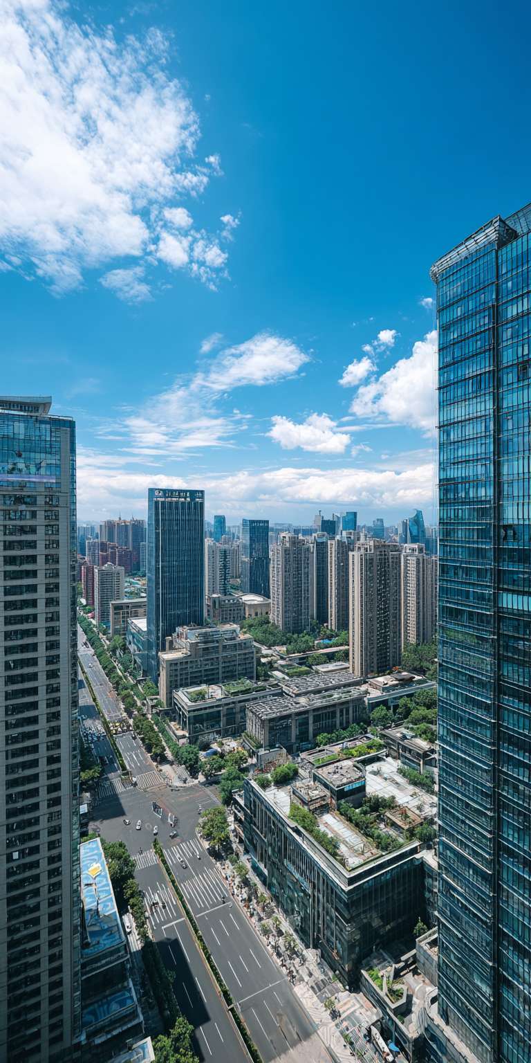 从高处俯瞰现代化大都市，众多摩天大楼林立，玻璃幕墙在阳光下熠熠生辉，城市街道穿插其间，上方是晴朗的蓝天和少量白云，氛围开阔且充满现代感。 --ar 1:2 --v 7 --stylize 100 --fast --no 水印