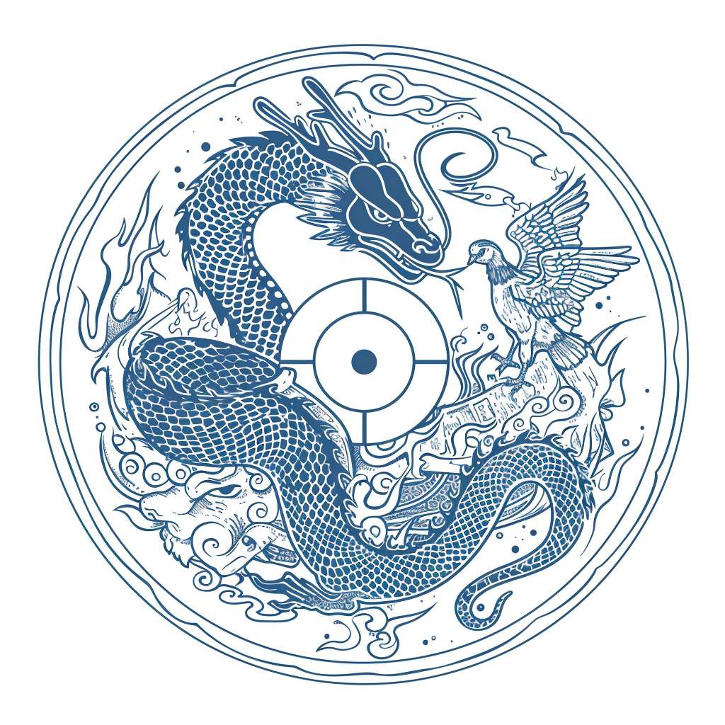 ``prompt
Minimalist round badge for T-shirt sleeve, Yin-Yang concept: Chinese dragon head and Thailand snake head merged as one, IPSC target center, thin blue peace dove outline, monoline art, single color imprint --ar 1:1 --v 6 --stylize 100 --fast --no gradient
