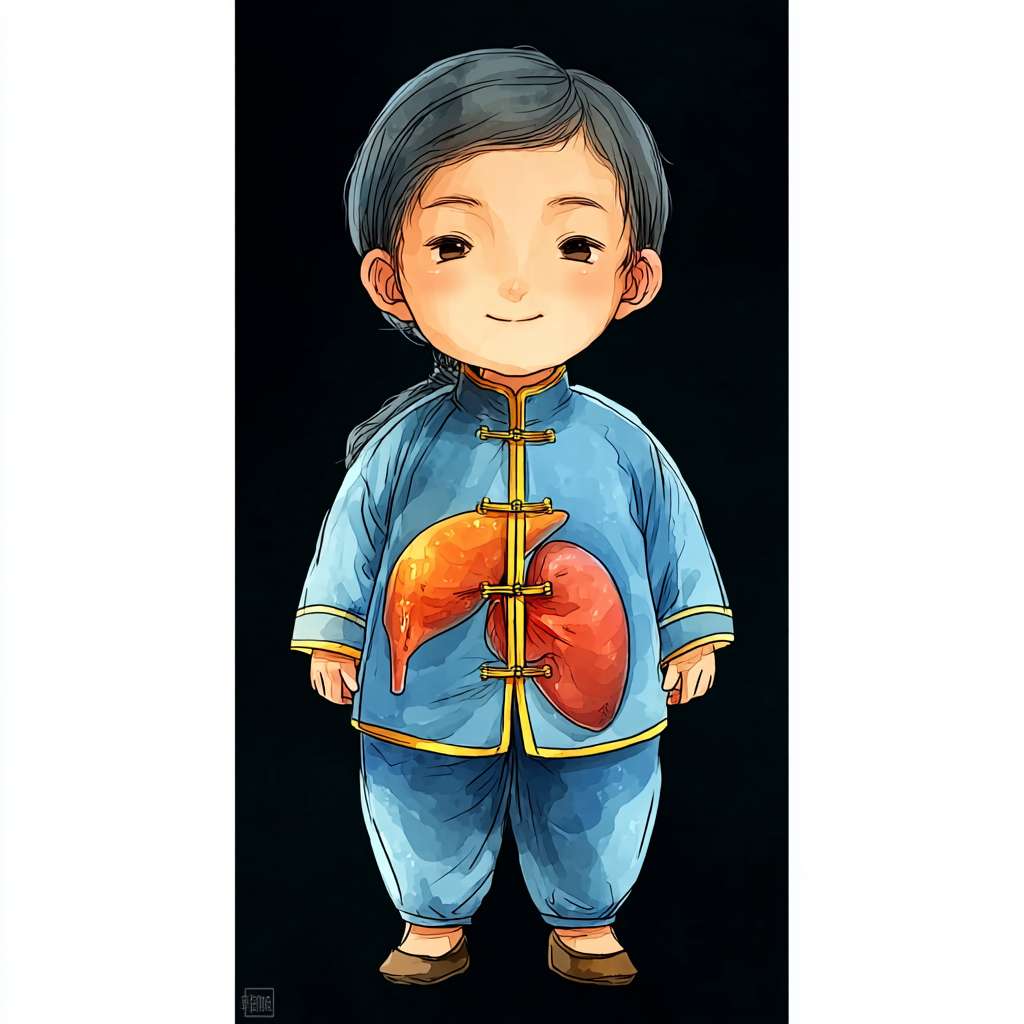 https://img-xpc-mj0.xpccdn.com/prod/upload/d5a05a5c-c297-439d-93a1-192d10577df9/%E7%94%9F%E6%88%90%E4%B8%AD%E5%8C%BB%E6%B0%94%E8%A1%80%E7%90%86%E8%AE%BA%E5%9B%BE%E7%89%87%20_2_.png~tplv-5yakomv5zn-auto-v1%3A1024%3A0%3Aq75.jpg 帮我按照人体器官的分布，标记出图片中心肝脾肺肾的位置，主要要符合画风 --ar 1:1 --v 7 --stylize 100 --fast --iw 1 --no 水印