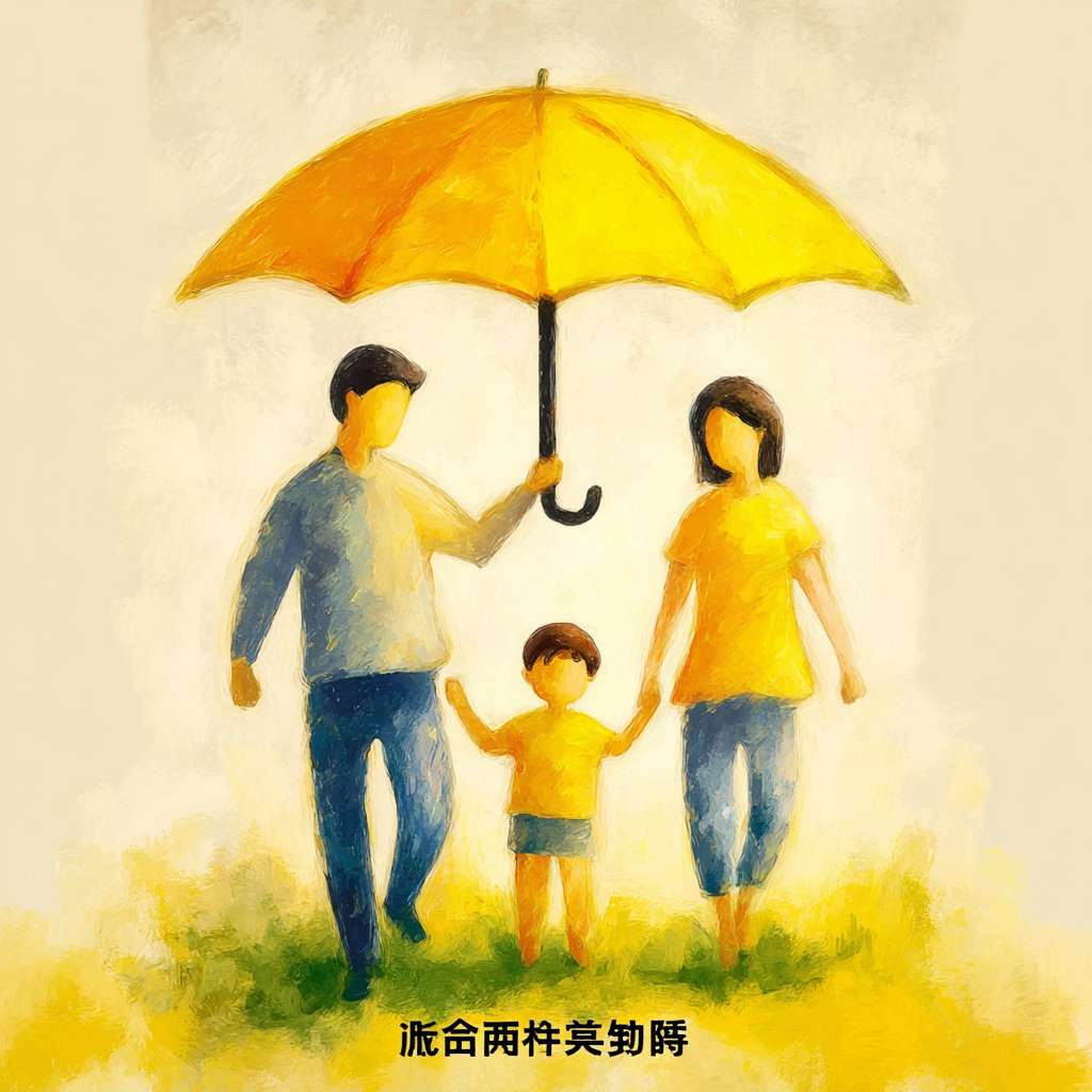 https://img-xpc-mj0.xpccdn.com/prod/upload/772a8e2d-afdd-4833-a972-307c165fb079/7fdf88f4fa081c3c05a4a27bdd3276da.jpg~tplv-5yakomv5zn-auto-v1%3A1024%3A0%3Aq75.jpg 小孩儿不用撑伞，手部自然下垂，然后父母什么都不要变，就是需要把那个伞撑高，然后把他们三个人都罩在下面，就是呈现一种被保护的状态。色彩，色调什么都不要变。 --ar 1:1 --v 7 --stylize 100 --fast --iw 1 --no 水印