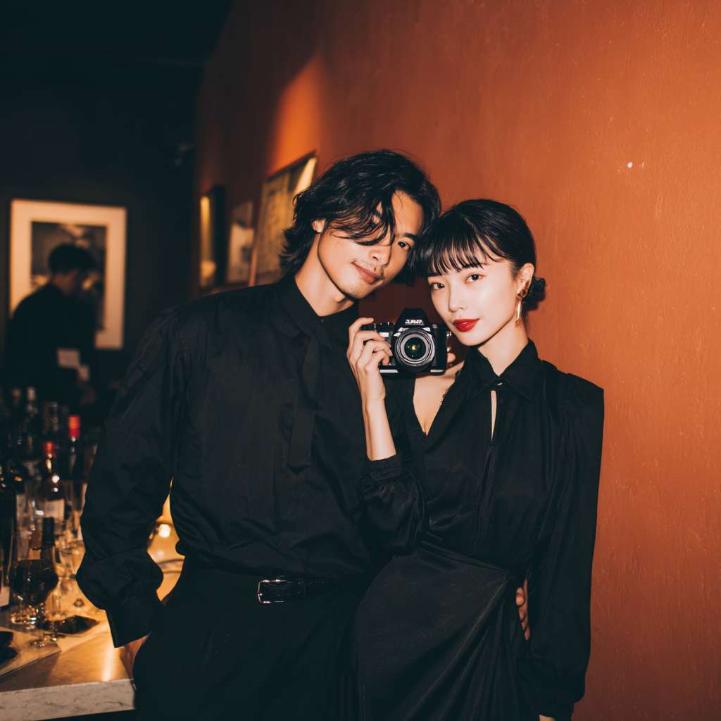 一个穿着黑色衬衫，黑色长卷发的男性时尚艺术摄影师，拿着镜头在一个暖色调的酒吧空间里给一位精致动人穿着晚礼服的女生拍照，全身侧脸照 --ar 1:1 --v 7 --stylize 100 --fast --no 水印