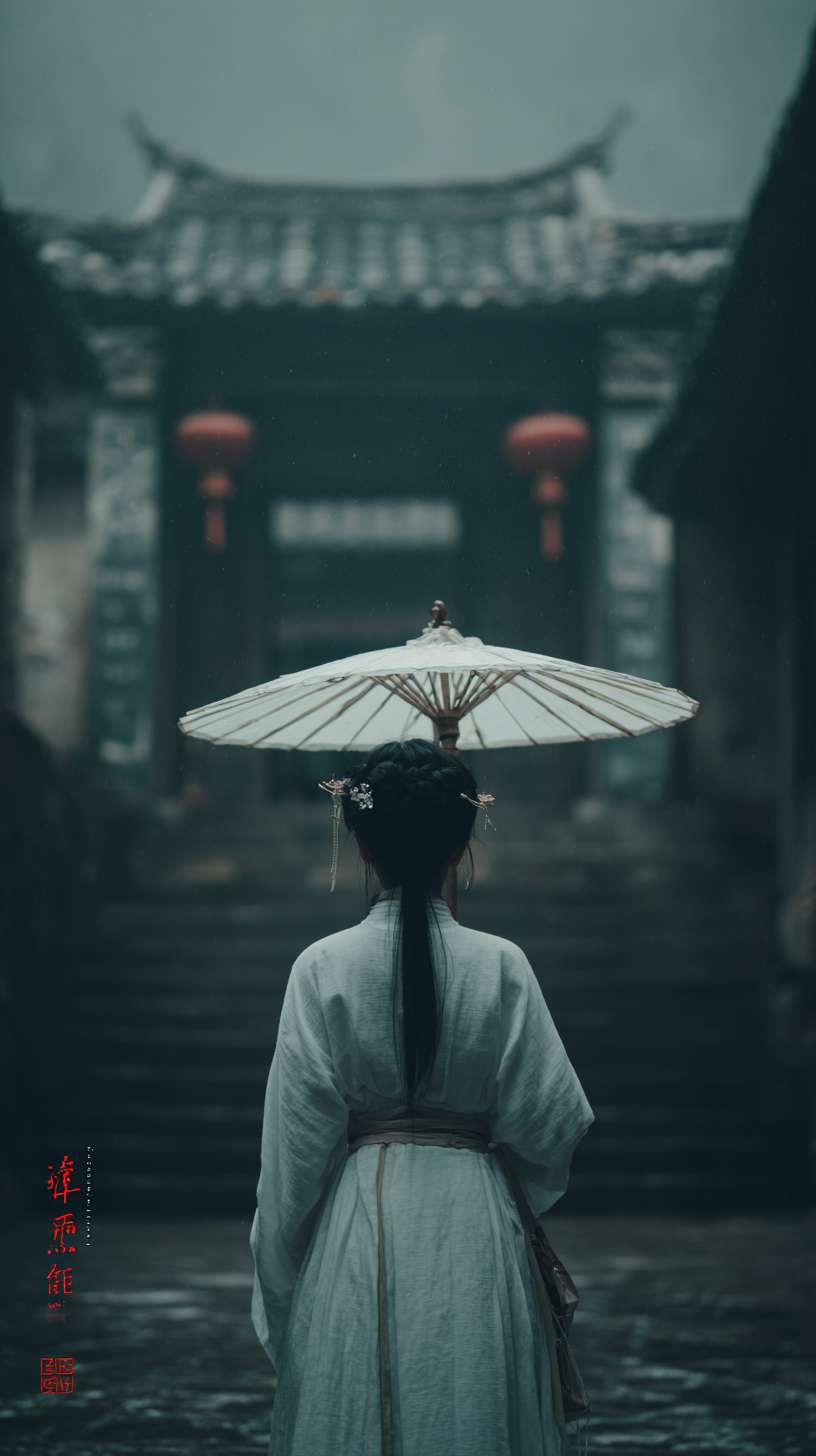 在深山里面，月光照亮着地面，一个身着白色书生服，背着书箱，簪子盘着头发，外面下着雨比较阴暗，前面有点远的地方是一座破败的寺庙，书生背面，背向镜头，远景镜头，写实一些的风格 --ar 9:16 --v 7 --stylize 100 --fast --no 水印