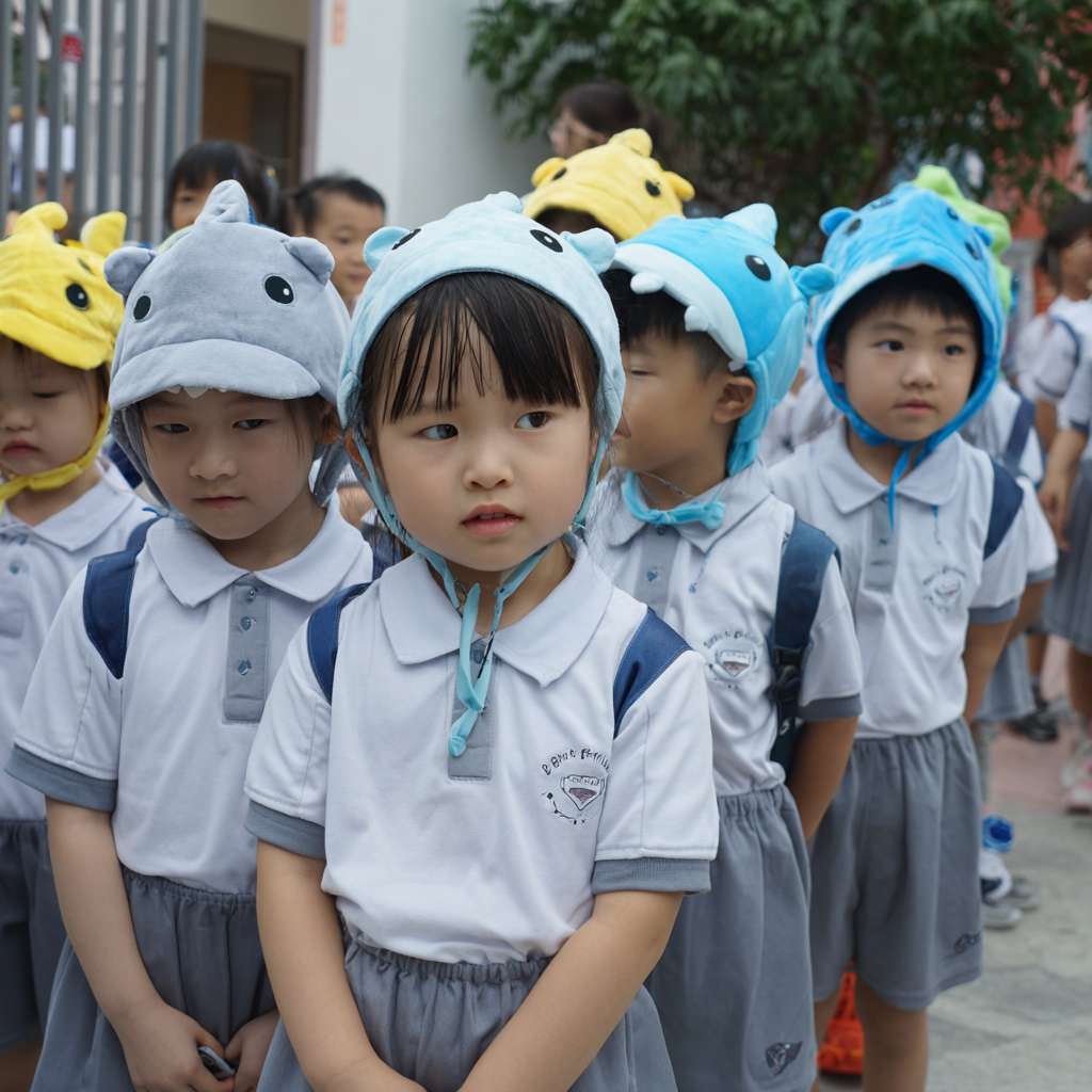 一班小六穿校服的學生們在校園裡圍成一個半圓形，以卡通的風格展示穿山甲、老虎、水獺、熊貓、飛鼠、龜等等的瀕危物種，讓學生們一起將積木併上瀕危動物圖案上 --ar 1:1 --v 7 --stylize 100 --fast --no 水印
