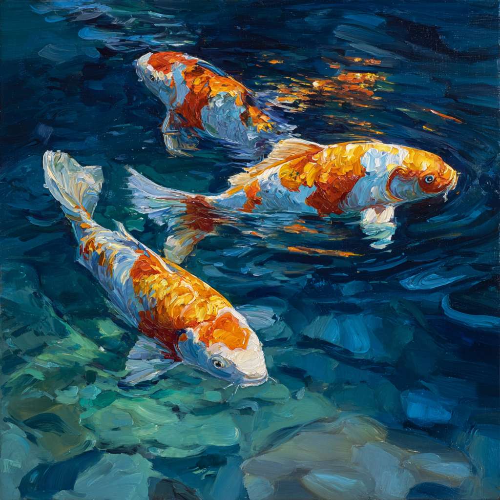 Dreamlike blue water and rippling color, koi fish shimmering with life, expressive brushwork capturing light and motion, oil. --ar 1:1 --v 7 --stylize 100 --fast