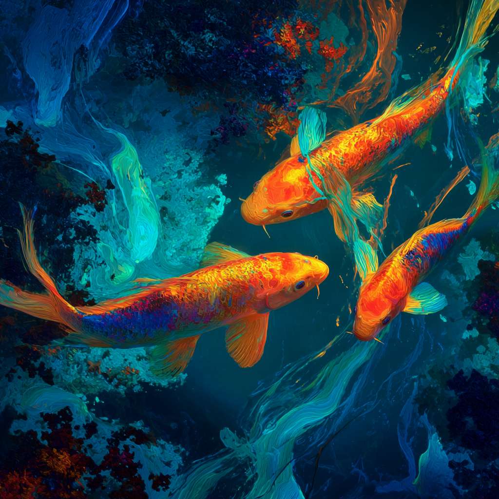 Vibrant underwater fantasy: blue water, 五彩光影，and energetic koi, 粗笔触 for texture, 细笔触 for movement, abstract. --ar 1:1 --v 7 --stylize 100 --fast --no 水印