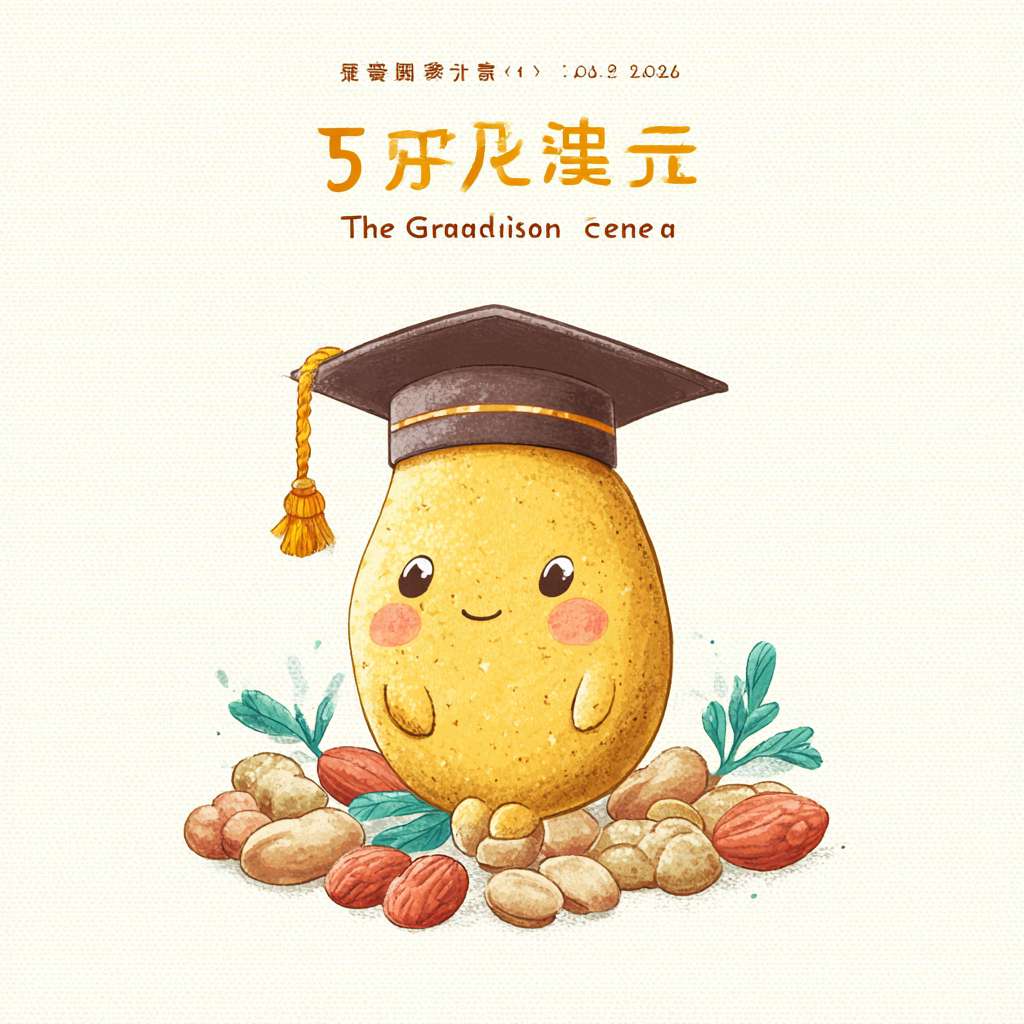 我需要设计一个KV主题，是一个幼儿园毕业典礼的海报，主题是“The fifth season graduation ceremony"。画面的主角是一个金色的种子（豆子）带着毕业帽，金色的种子是卡通形象有眼睛鼻子嘴（儿童卡通）。 --ar 1:1 --v 7 --stylize 100 --fast --no 水印