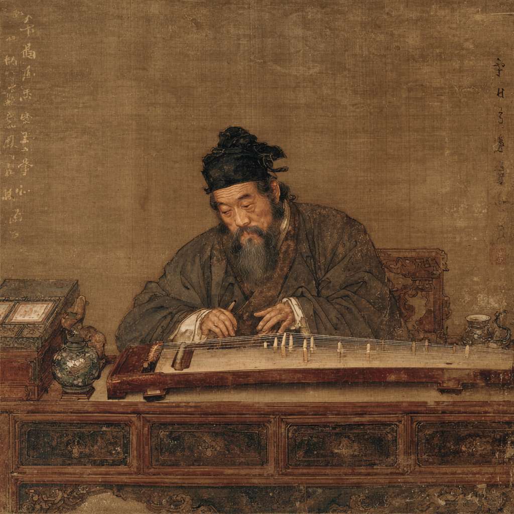鹦鹉洲头，古色古香的桌案上，一只中年男人正在演奏古琴，画面只需要看见完整的琴身跟手就行 --ar 1:1 --v 7 --stylize 100 --fast --no 水印